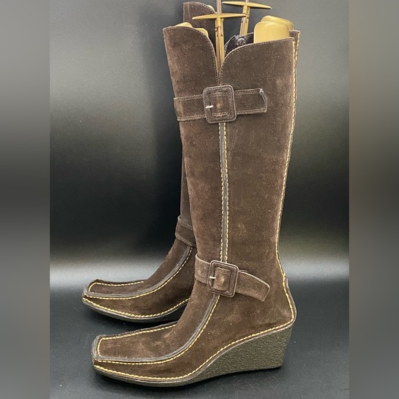 Pons Quintana Tall Brown Suede Zip-Up Wedge Boots w/ Buckles, Excellent! - Picture 7 of 12